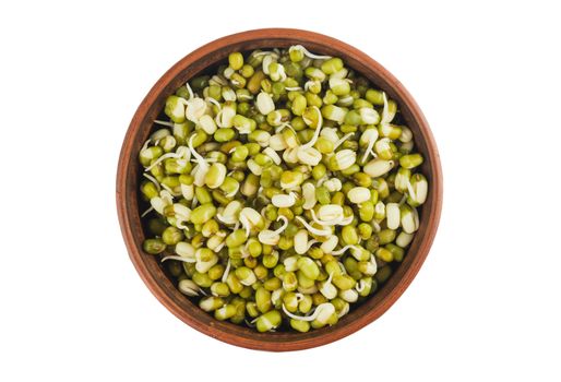 Raw mung beans sprouts in ceramic bowl isolated on white background top view