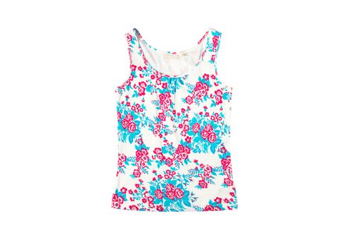 Sleeveless bright summer women's shirt with flowered print isolated on white background