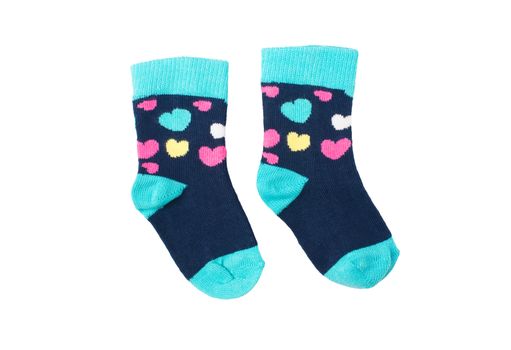 bright baby socks with hearts, isolated on white background,  love concept