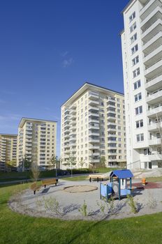 Modern apartment buildings in new neighborhood.