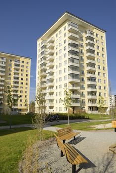 Modern apartment buildings in new neighborhood.