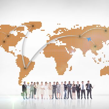 Multiethnic business people standing side by side against world map with lines