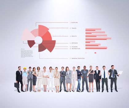 Multiethnic business people standing side by side against grey background