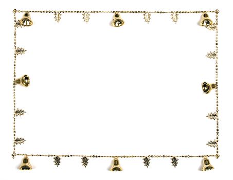 Horizontal shot of golden Christmas bells and leaves border on a white background