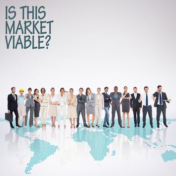 Multiethnic business people standing side by side against green world map on white background