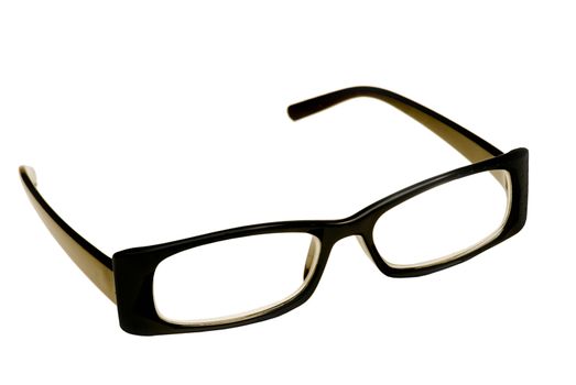 Close up shot of black rimmed reading glasses isolated on white background.
Classic style reading glasses.