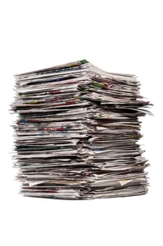 Vertical shot of a tall stack of newspapers.  Isolated on white with small shadow around the base.