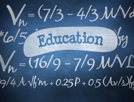 The word education and maths equation against blue chalkboard