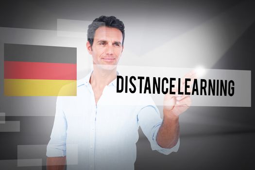 The word distance learning and handsome man making gun gesture against abstract white room