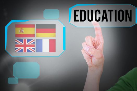 The word education and close up view of man pointing something  against grey background