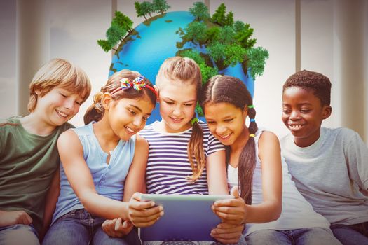 Children using digital tablet at park against earth floating in room