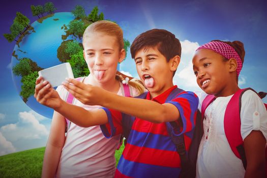 School kids taking selfie in school corridor against green hill under blue sky