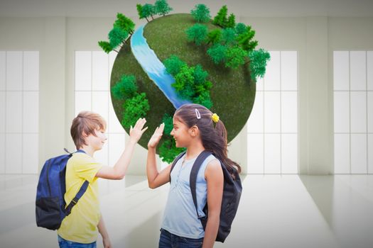 School kids against earth with trees floating in room
