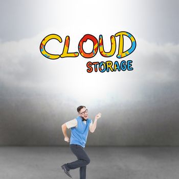 Geeky hipster dancing and smiling against clouds in a room