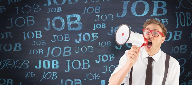 Geeky businessman shouting through megaphone against blackboard