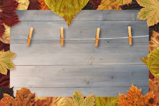 Autumn leaves pattern against bleached wooden planks background