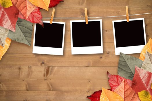 Autumn leaves pattern against bleached wooden planks background