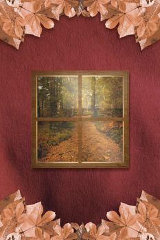 Square shape glass window against autumn leaves pattern