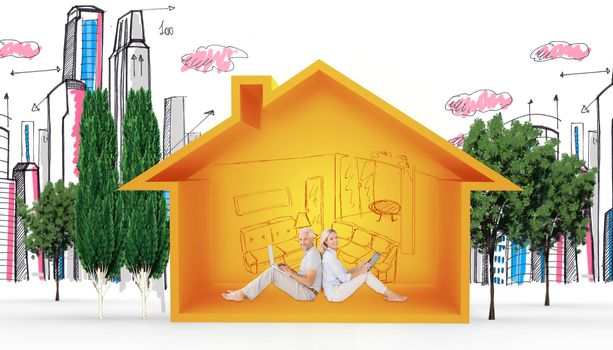 Portrait couple sitting against while using technology against house shape with living room sketch