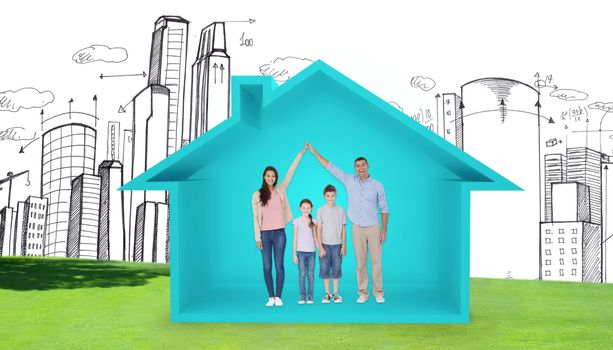 Happy parents joining hands above children against house shape