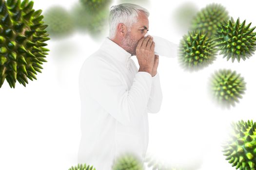 Sick man in winter fashion sneezing against virus