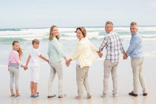 Multi generation family standing beside one another at the beach