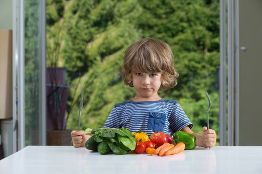 Cute little boy sitting at the table, frowning over vegetable meal, bad eating habits, nutrition and healthy eating concept