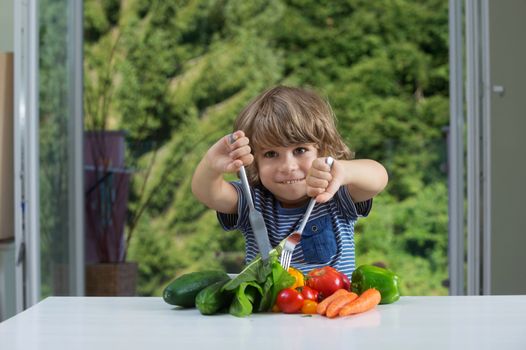 Cute little boy sitting at the table excited about vegetable meal, bad or good eating habits, nutrition and healthy eating concept