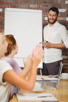 Businesswoman applauding male colleagues during presentation