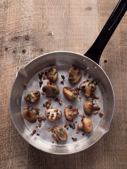 close up of rustic pan sauteed mushroom