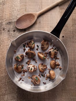 close up of rustic pan sauteed mushroom