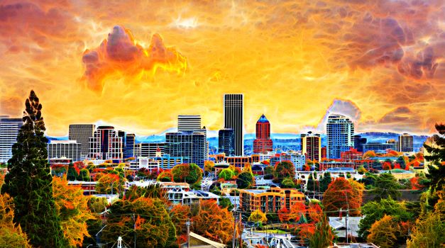Portland Oregon Downtown City During Sunset in the Fall Season Abtract Painting