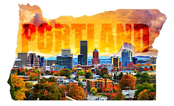 Portland Oregon Cityscape with Text in Map Outline