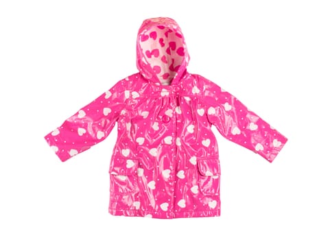Children's stylish fashionable lacquered pink jacket with white hearts for the little girl, windbreaker with hood,  buttoned raincoat with pockets isolated on a white background