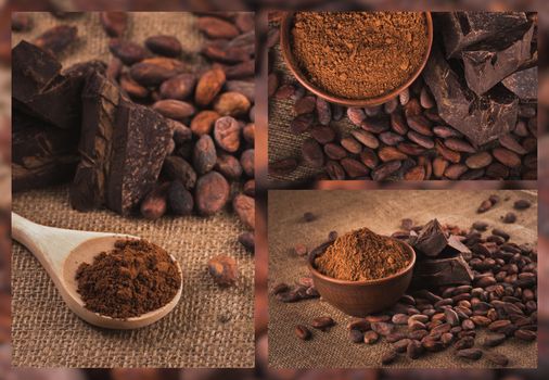  Collage. Cocoa beans and chocolate. Crude dark cocoa powder in a brown ceramic bowl, raw cocoa beans in the peel and raw chocolate on sacking close up, ingredients for preparing chocolate and sweets