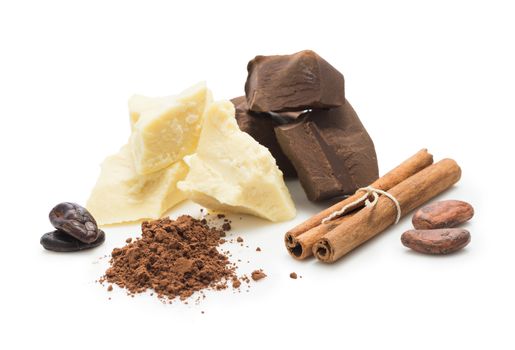 ingredients for cooking  homemade chocolate, cocoa beans, cocoa powder, cocoa butter, unsweetened block chocolate, baking chocolate, cinnamon  isolated on white background
