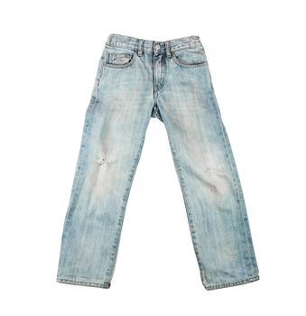 Old worn blue jeans for a boy, teenager  isolated on white background