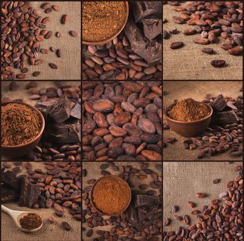 Set of different picture cocoa beans and chocolate. Crude dark cocoa powder, raw cocoa beans in the peel and raw chocolate on sacking close up, ingredients for preparing chocolate