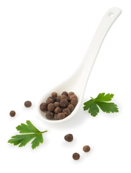 allspice in a white ceramic spoon and parsley leaves closeup, Isolated on white background