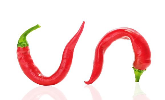 Two red hot chili curved peppers similar to a man's penis long or large size, the concept of potency, men's Health