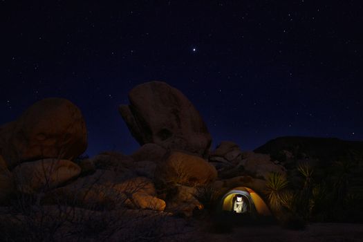 Tent Camping at Night in Joshua Tree Park