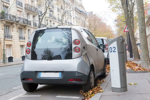 Power supply for electric car charging.  Electric car charging station. Paris, France.