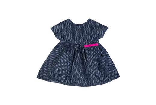 beautiful elegant cotton dark blue baby dress in blue polka dots print for spring and summer isolated on white background
