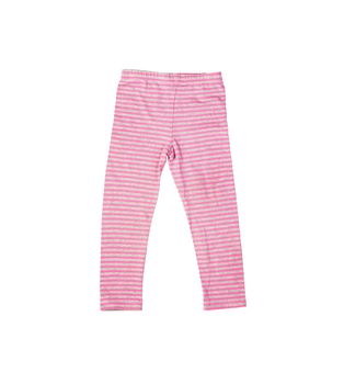 a child pants in pink and gray striped print for spring and summer wardrobe isolated on a white background
