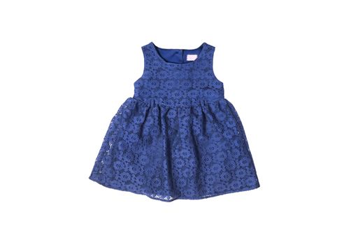 beautiful elegant dark blue guipure lace baby dress isolated on white background