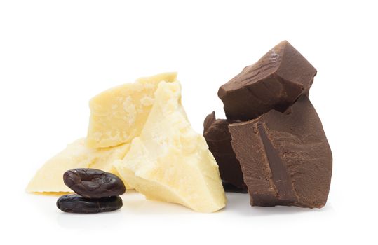 ingredients for cooking  homemade chocolate, cocoa beans,  cocoa butter, unsweetened block chocolate, baking chocolate,  isolated on white background