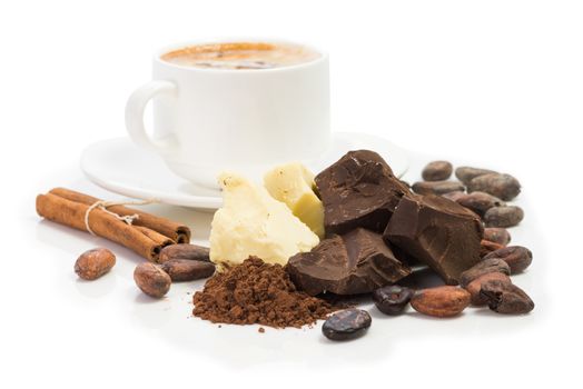 ingredients for cooking  homemade chocolate, cocoa beans, cocoa powder, cocoa butter, unsweetened block chocolate, baking chocolate, cinnamon and cup of coffee isolated on white background