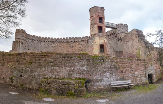 Fortress named Bergfeste Dilsberg - ruins on a hilltop overlooking the Neckar valley - panorama shot