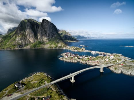 Picturesque village Hamnoya on Lofoten islands in Norway, scenic aerial view