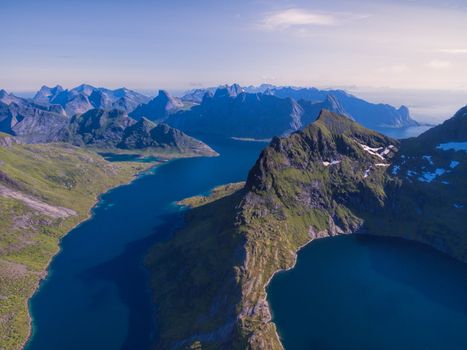 Scenic aerial view of fjords on Lofoten islands, Norway